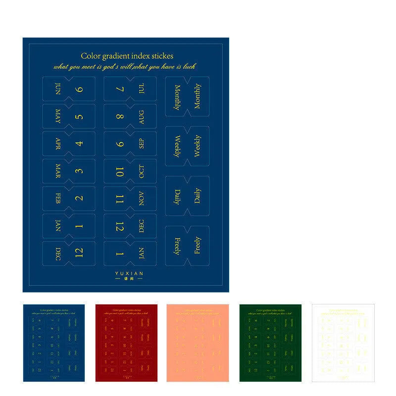 Ten sheets of Yunmu Morandi gradient label stickers in Elegant, Jazz, Neon, and Summer colours on a table.