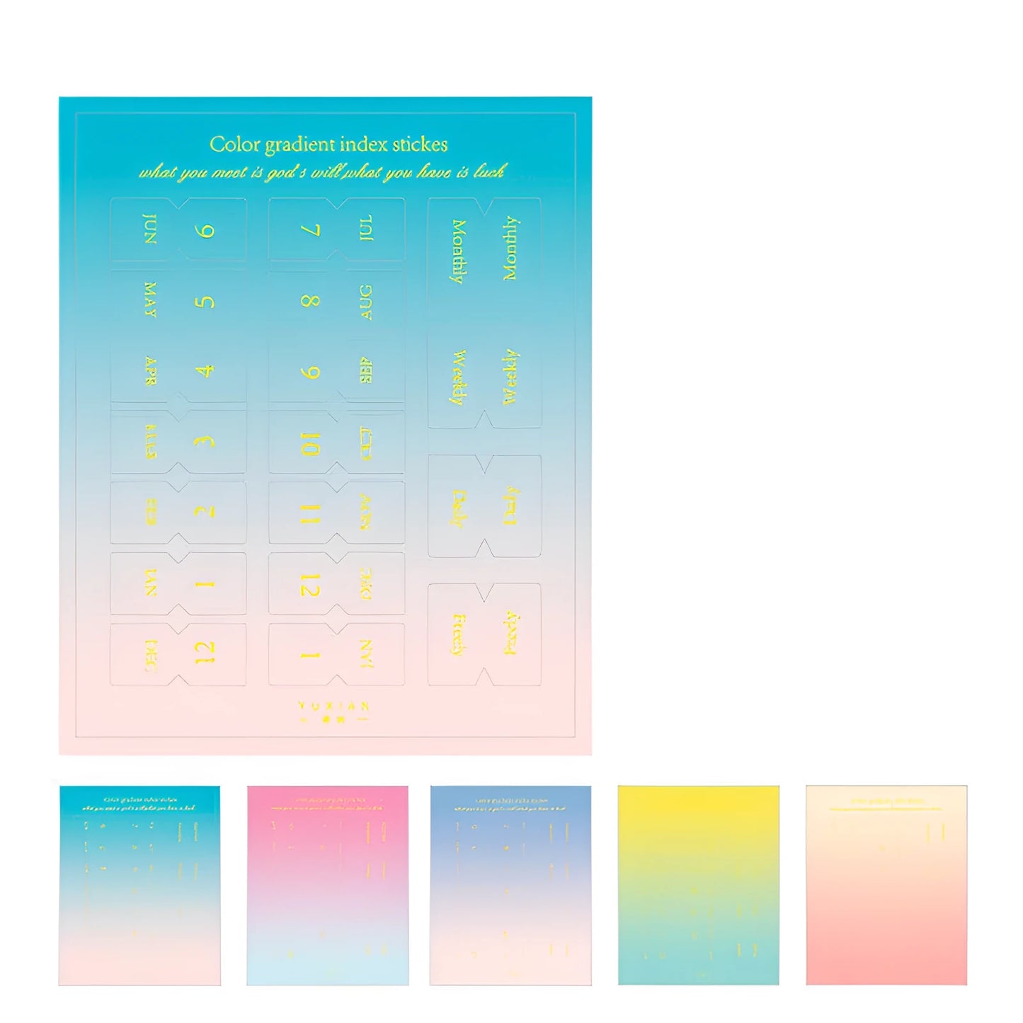 Ten sheets of Yunmu Morandi gradient label stickers in Elegant, Jazz, Neon, and Summer colours on a table.