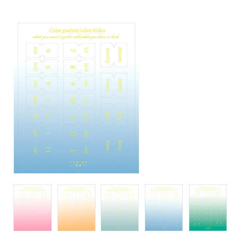 Ten sheets of Yunmu Morandi gradient label stickers in Elegant, Jazz, Neon, and Summer colours on a table.