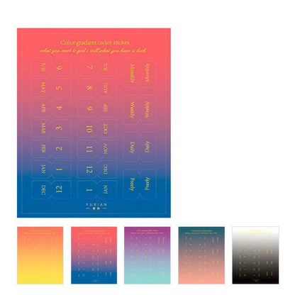 Ten sheets of Yunmu Morandi gradient label stickers in Elegant, Jazz, Neon, and Summer colours on a table.