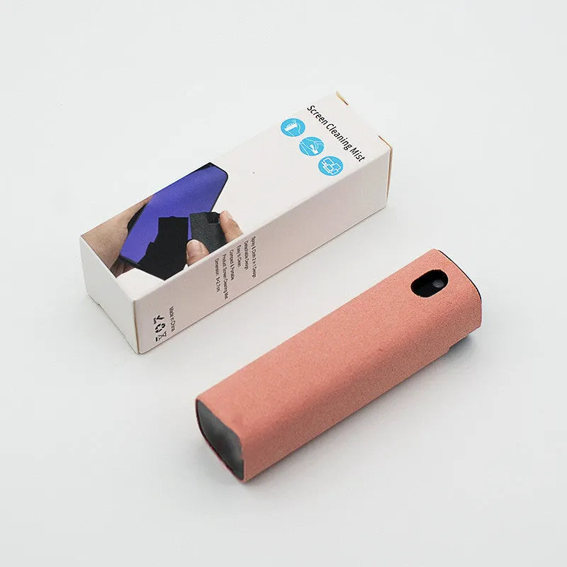 Portable all-in-one screen cleaner kit with protective shell, microfiber wipe, and internal fluid bottle.