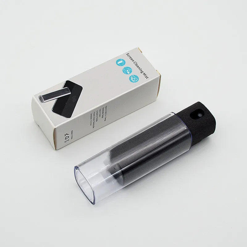 Portable all-in-one screen cleaner kit with protective shell, microfiber wipe, and internal fluid bottle.