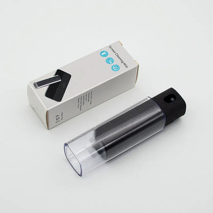 Portable all-in-one screen cleaner kit with protective shell, microfiber wipe, and internal fluid bottle.