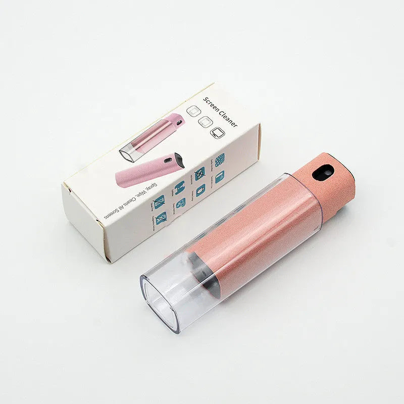 Portable all-in-one screen cleaner kit with protective shell, microfiber wipe, and internal fluid bottle.