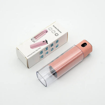 Portable all-in-one screen cleaner kit with protective shell, microfiber wipe, and internal fluid bottle.