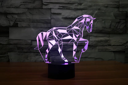 3D puzzle horse LED light with remote control showing multiple colour options on acrylic construction