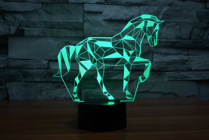 3D puzzle horse LED light with remote control showing multiple colour options on acrylic construction