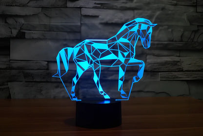 3D puzzle horse LED light with remote control showing multiple colour options on acrylic construction