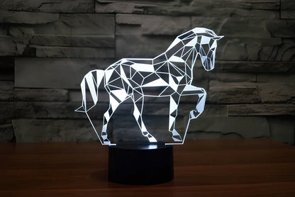 3D puzzle horse LED light with remote control showing multiple colour options on acrylic construction