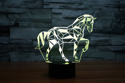 3D puzzle horse LED light with remote control showing multiple colour options on acrylic construction