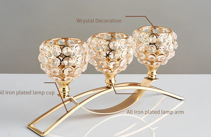 Geometric crystal candle holder with wrought iron frame in gold electroplated finish, 15cm height