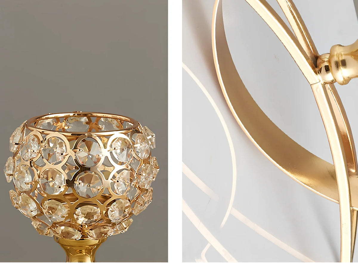 Geometric crystal candle holder with wrought iron frame in gold electroplated finish, 15cm height