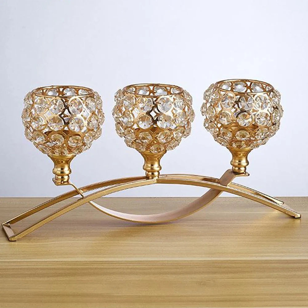 Geometric crystal candle holder with wrought iron frame in gold electroplated finish, 15cm height