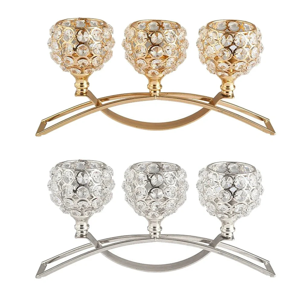 Geometric crystal candle holder with wrought iron frame in gold electroplated finish, 15cm height