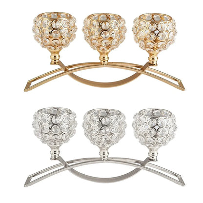 Geometric crystal candle holder with wrought iron frame in gold electroplated finish, 15cm height