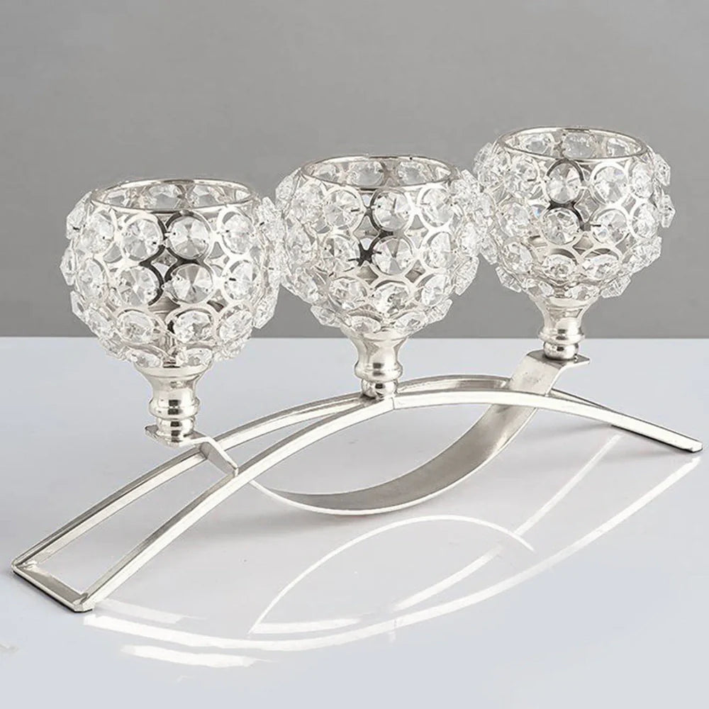 Geometric crystal candle holder with wrought iron frame in gold electroplated finish, 15cm height