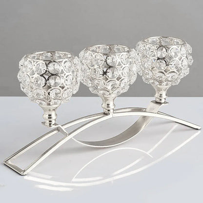Geometric crystal candle holder with wrought iron frame in gold electroplated finish, 15cm height