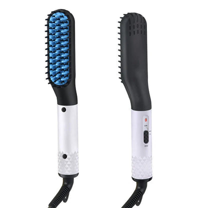 Premium hot hair straightening brush with dual temperature settings, ceramic teeth, and 360-degree swivel cord for men's beards and hair