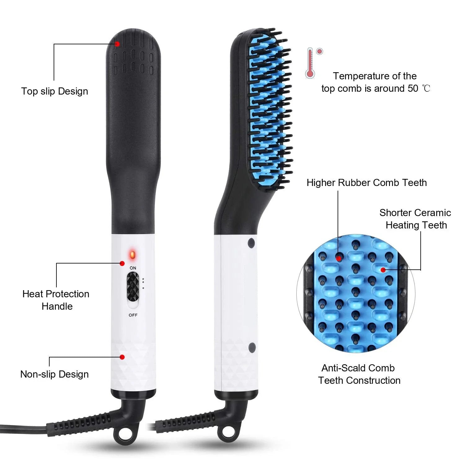 Premium hot hair straightening brush with dual temperature settings, ceramic teeth, and 360-degree swivel cord for men's beards and hair