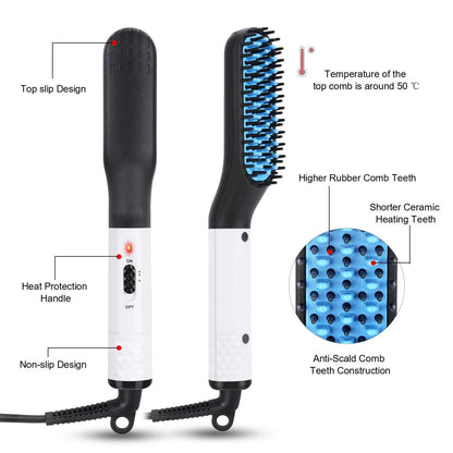 Premium hot hair straightening brush with dual temperature settings, ceramic teeth, and 360-degree swivel cord for men's beards and hair