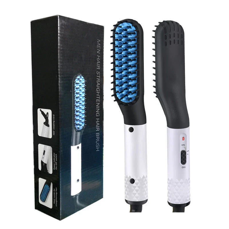 Premium hot hair straightening brush with dual temperature settings, ceramic teeth, and 360-degree swivel cord for men's beards and hair