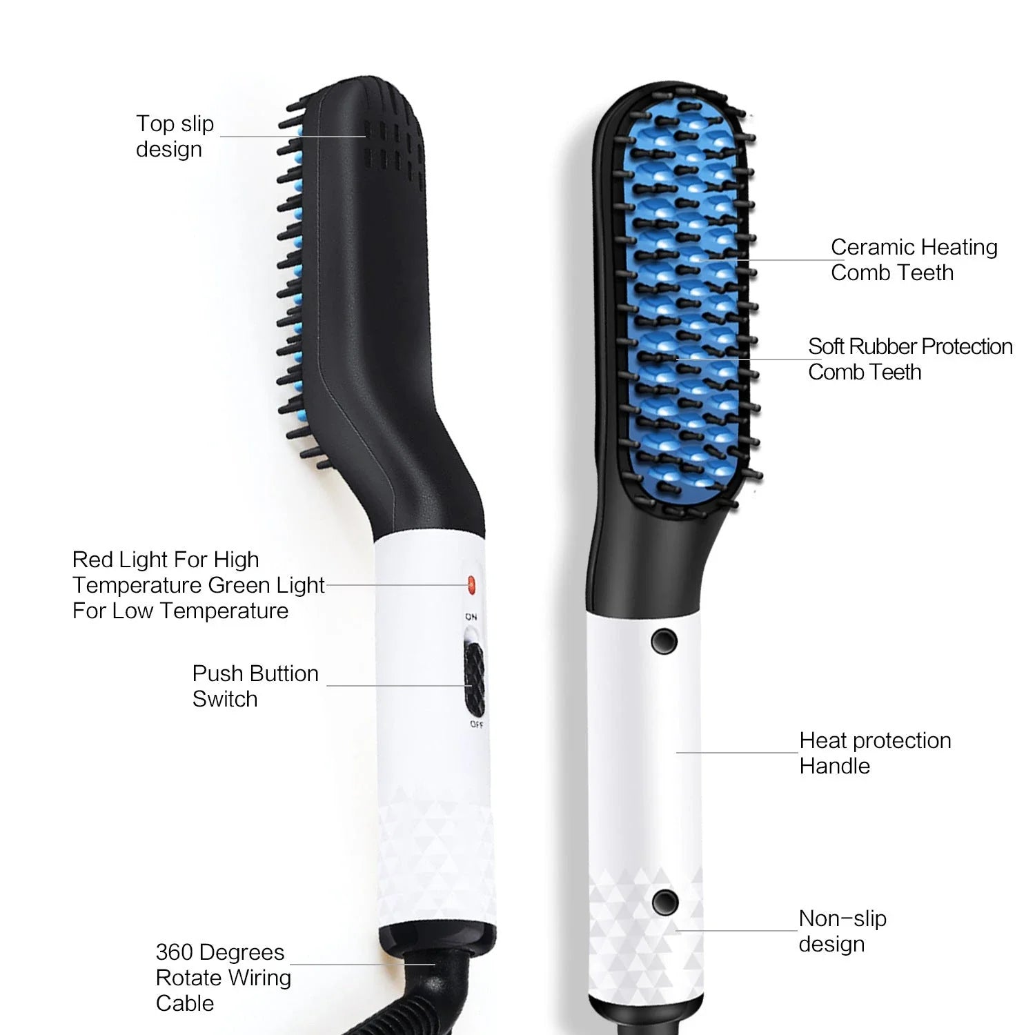 Premium hot hair straightening brush with dual temperature settings, ceramic teeth, and 360-degree swivel cord for men's beards and hair