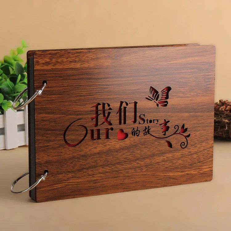Handmade wooden loose leaf photo album with various unique designs