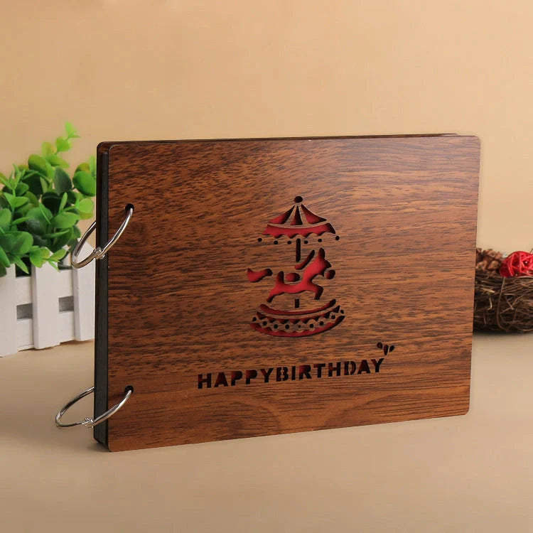 Handmade wooden loose leaf photo album with various unique designs