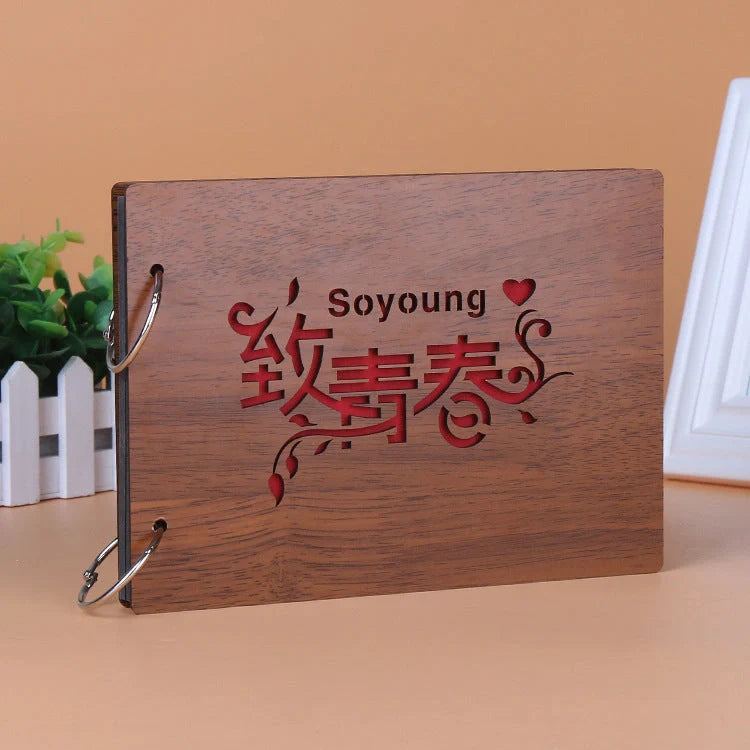 Handmade wooden loose leaf photo album with various unique designs