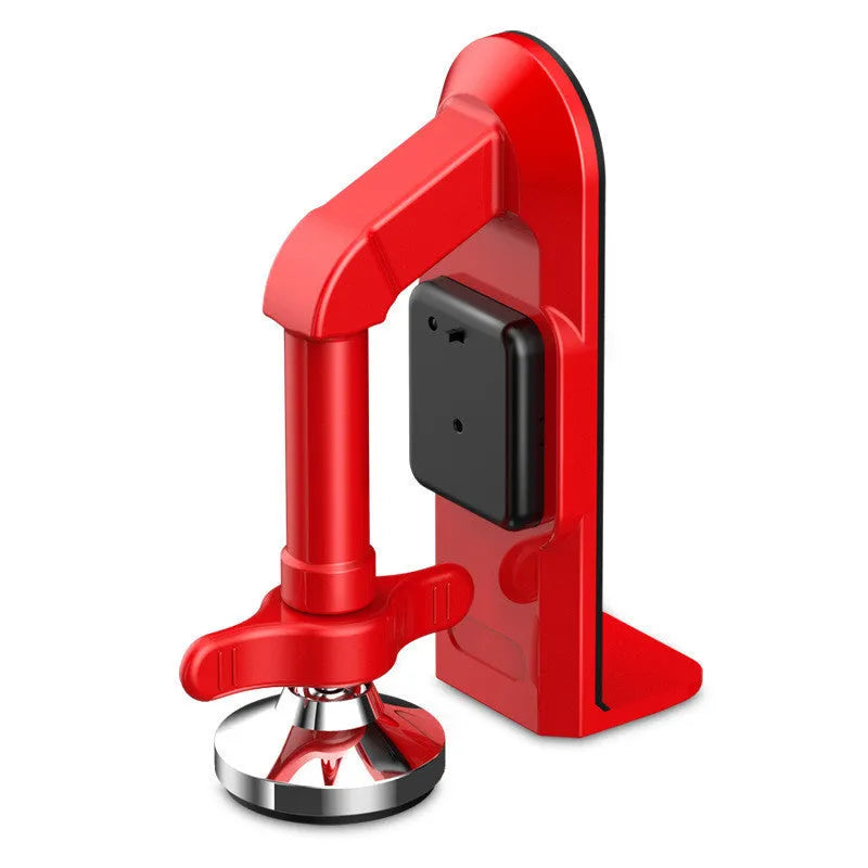Aluminium alloy portable door lock security device placed under a door handle.