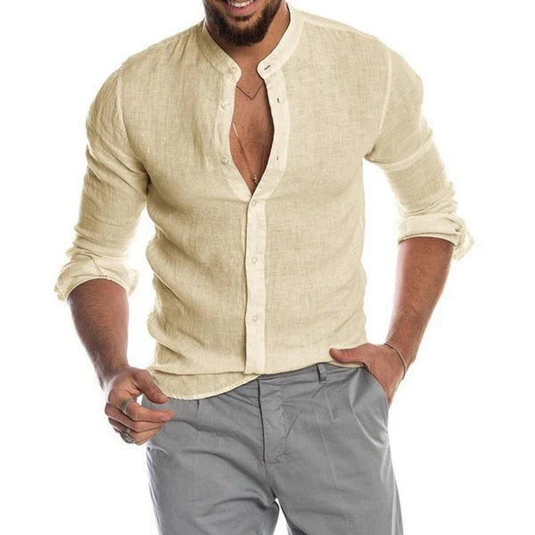 Stylish men's linen button-down shirt in a variety of classic colors