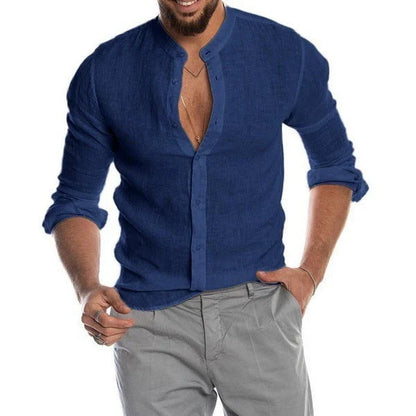 Stylish men's linen button-down shirt in a variety of classic colors