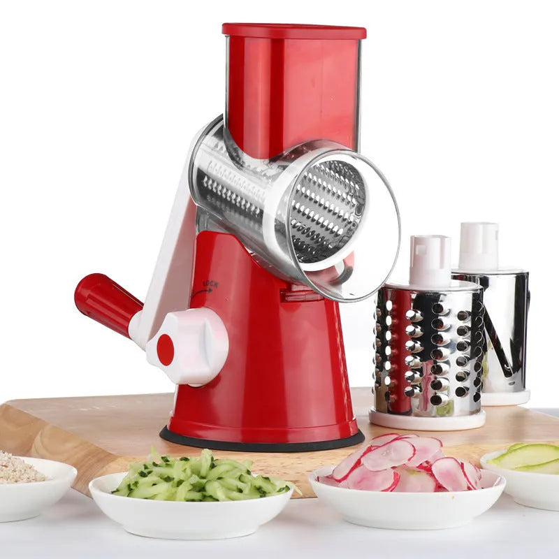 Food processor vegetable chopper with kitchen roller gadget tools for slicing, grating, and shredding potatoes carrots and cheese, featuring a 26cm by 24cm design with suction cup base for stability, available in blue, green, red, or white colour options.