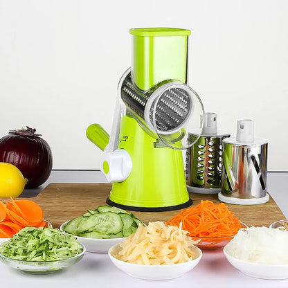 Blue multi-function vegetable chopper with suction cup base on a kitchen countertop.