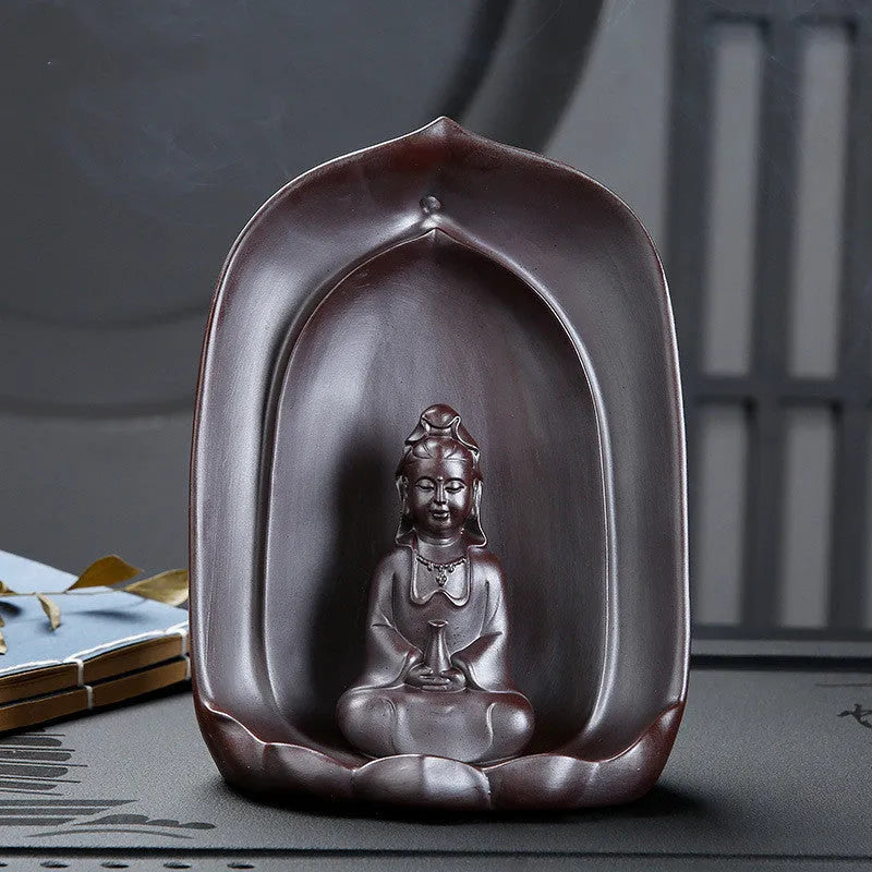 Handmade ceramic sitting lotus Guanyin statue with backflow incense burner feature