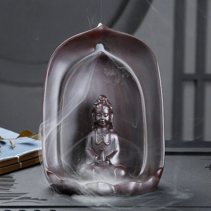 Handmade ceramic sitting lotus Guanyin statue with backflow incense burner feature