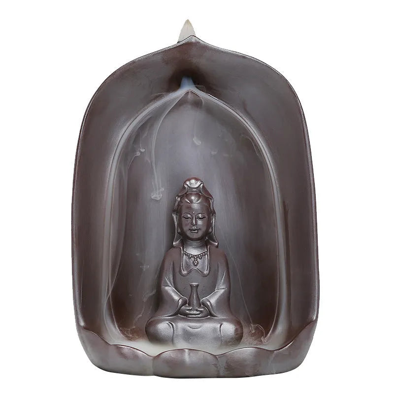Guanyin sitting lotus back flow incense burner ceramics for Buddha at home, handmade ceramic statue incense burner for meditation and altar display, Guanyin with lotus flower base and backflow incense feature for spiritual spaces