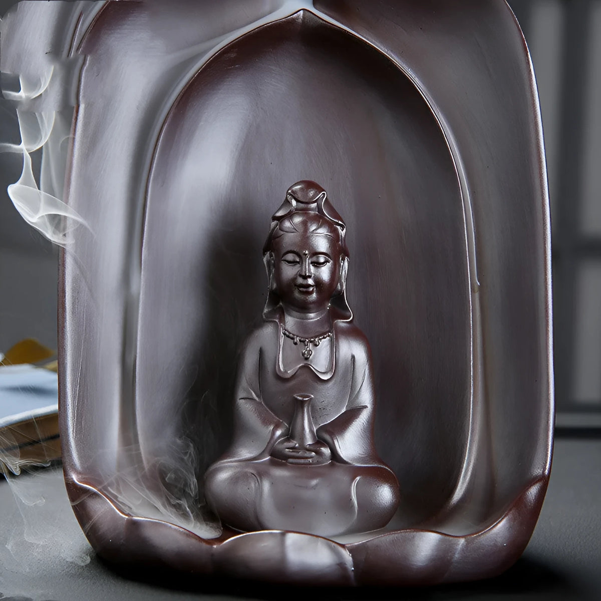Handmade ceramic sitting lotus Guanyin statue with backflow incense burner feature