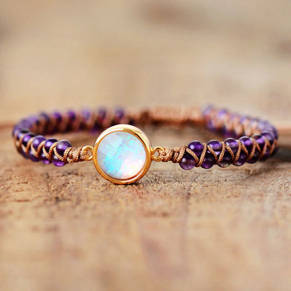 Stylish stone-wrapped bracelets featuring genuine amethyst and opal accents in a braided design
