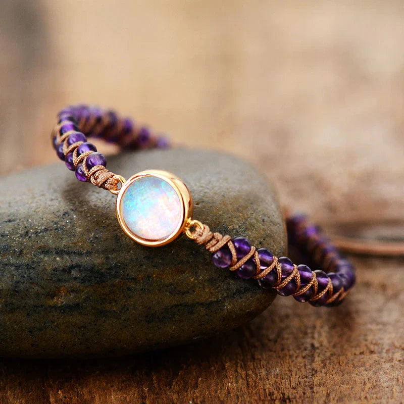 Stylish stone-wrapped bracelets featuring genuine amethyst and opal accents in a braided design