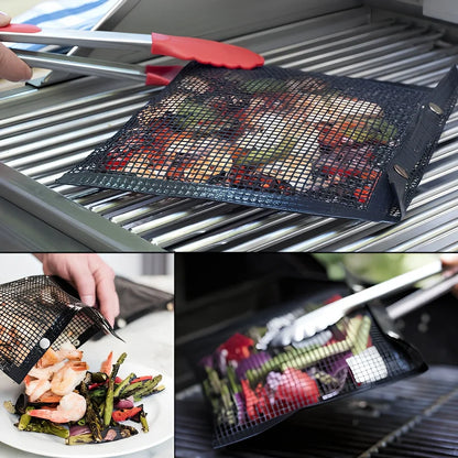 Black grill mesh bag with non-stick grid mat for BBQ cooking showing smoke-through design