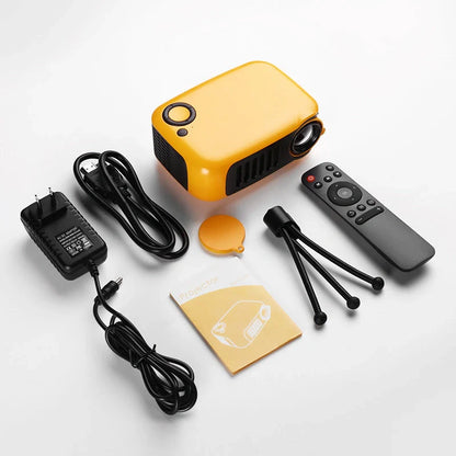 A2000 Mini Portable Smart Projector with 1080P HD support in orange, white, and black