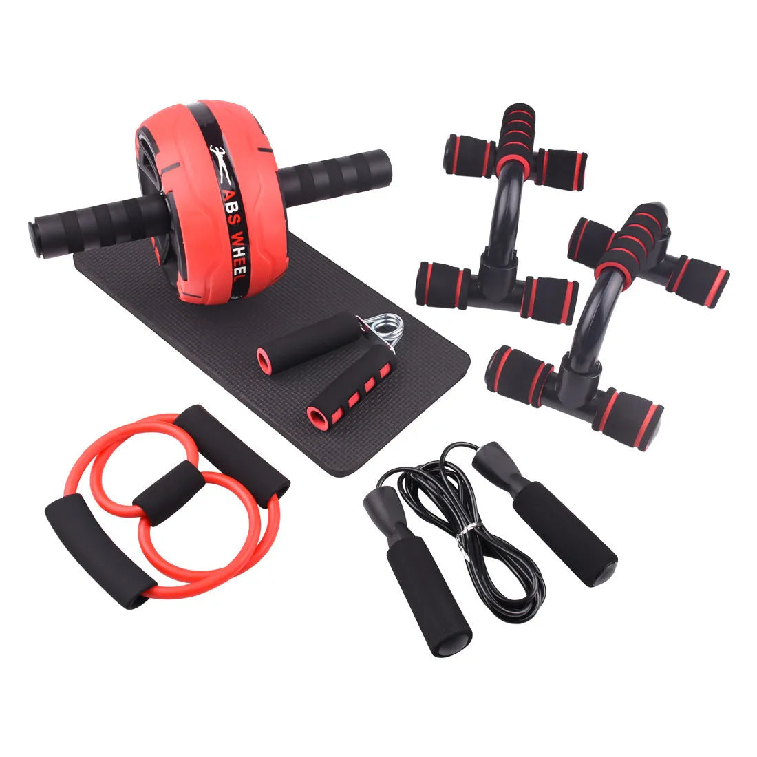 Push-up bar with multiple resistance bands for abdominal and upper body strength training at home.
