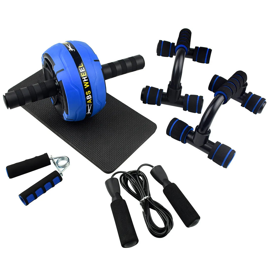 Push-up bar with multiple resistance bands for abdominal and upper body strength training at home.