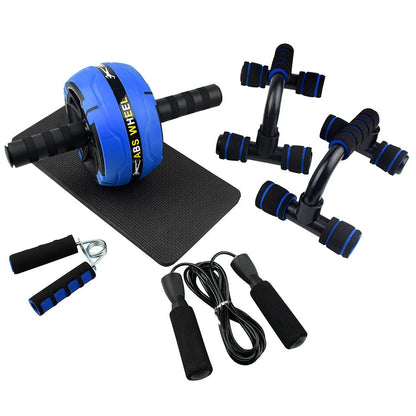 Push-up bar with multiple resistance bands for abdominal and upper body strength training at home.