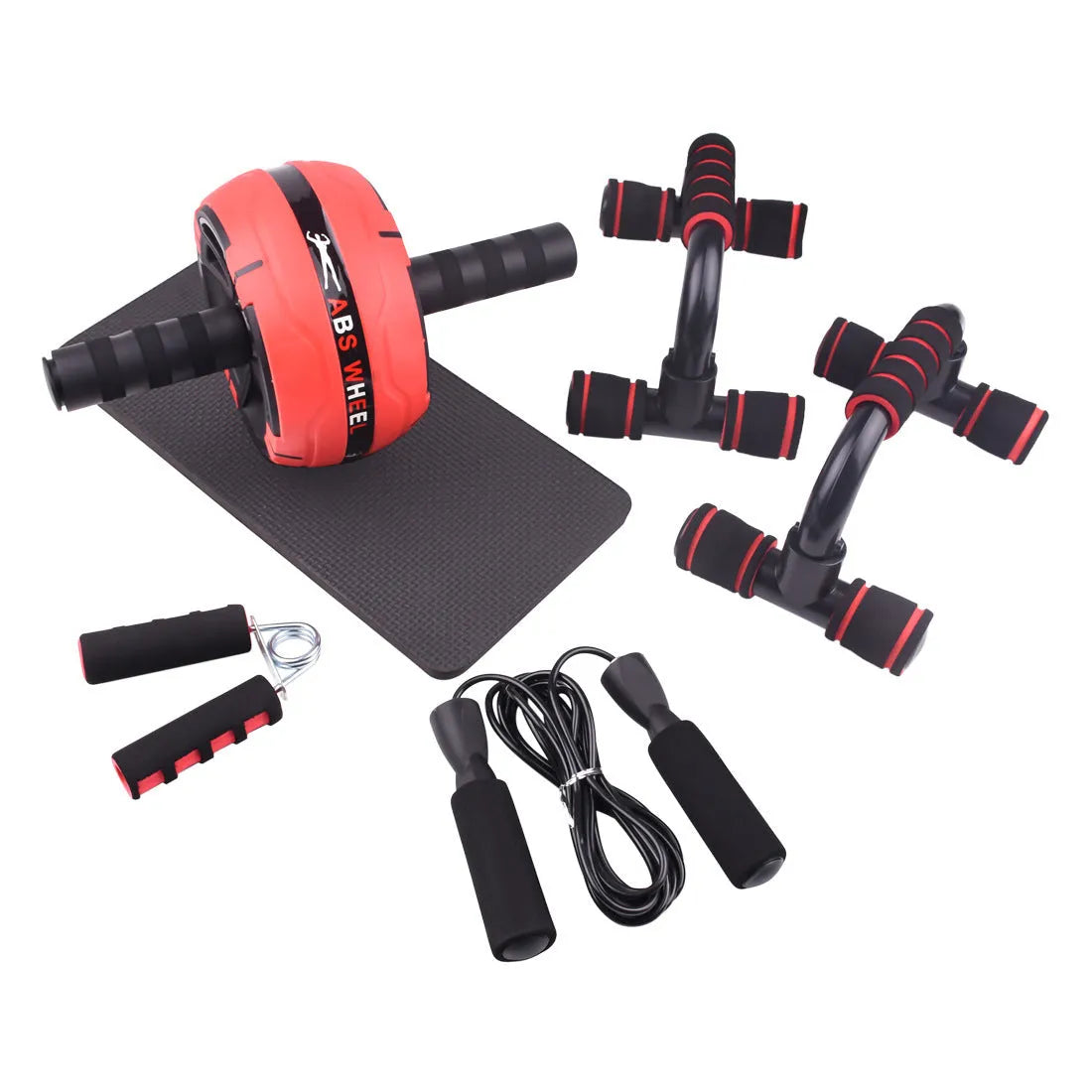 Push-up bar with multiple resistance bands for abdominal and upper body strength training at home.