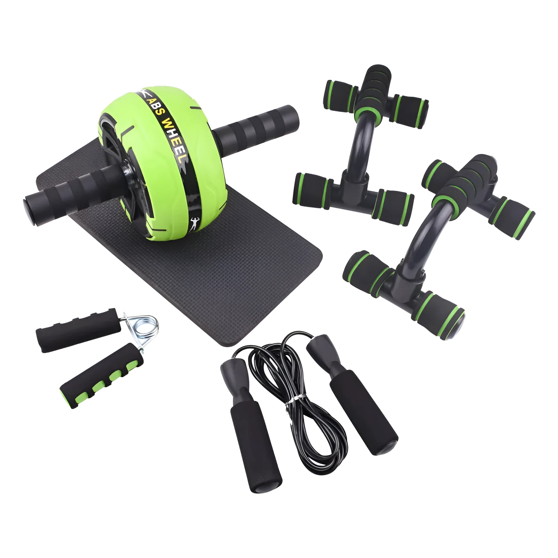Push-up bar with multiple resistance bands for abdominal and upper body strength training at home.