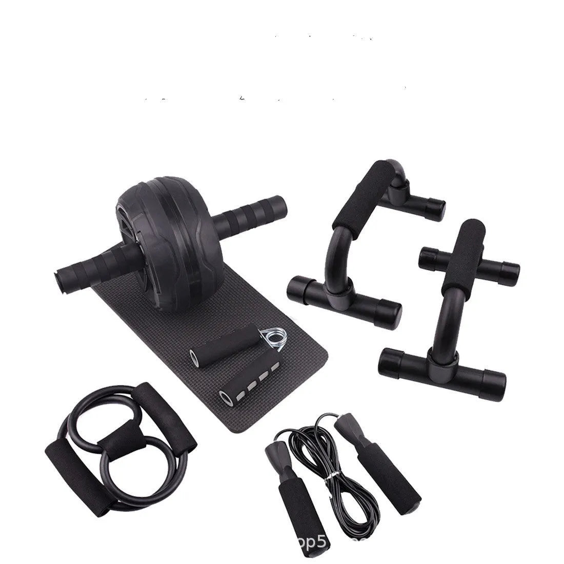 Push-up bar with multiple resistance bands for abdominal and upper body strength training at home.