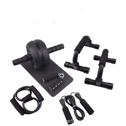 Push-up bar with multiple resistance bands for abdominal and upper body strength training at home.