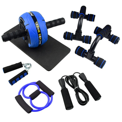 Push-up bar with multiple resistance bands for abdominal and upper body strength training at home.